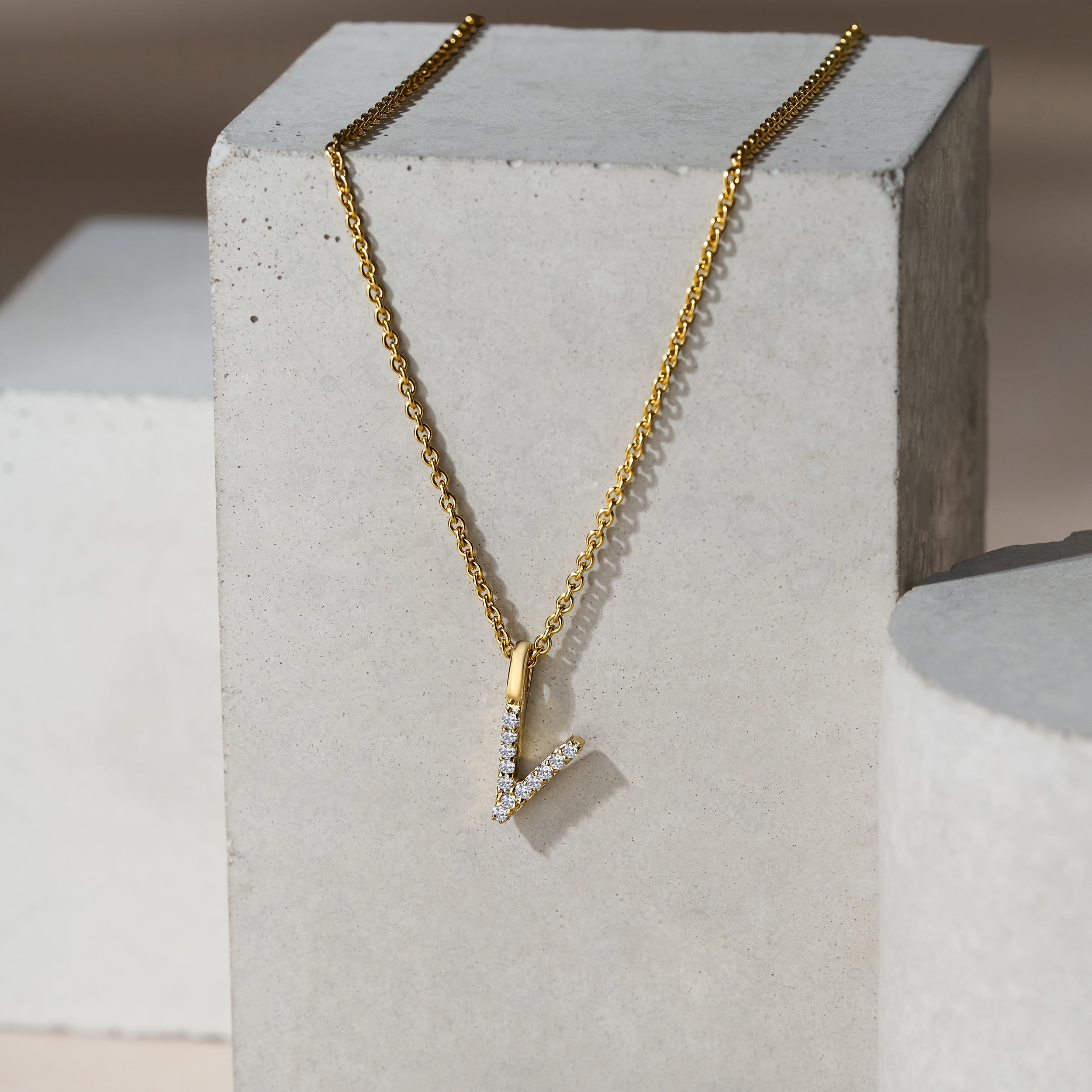 Love Letter Initial V Lab Diamond Necklace set in 9K Yellow Gold
